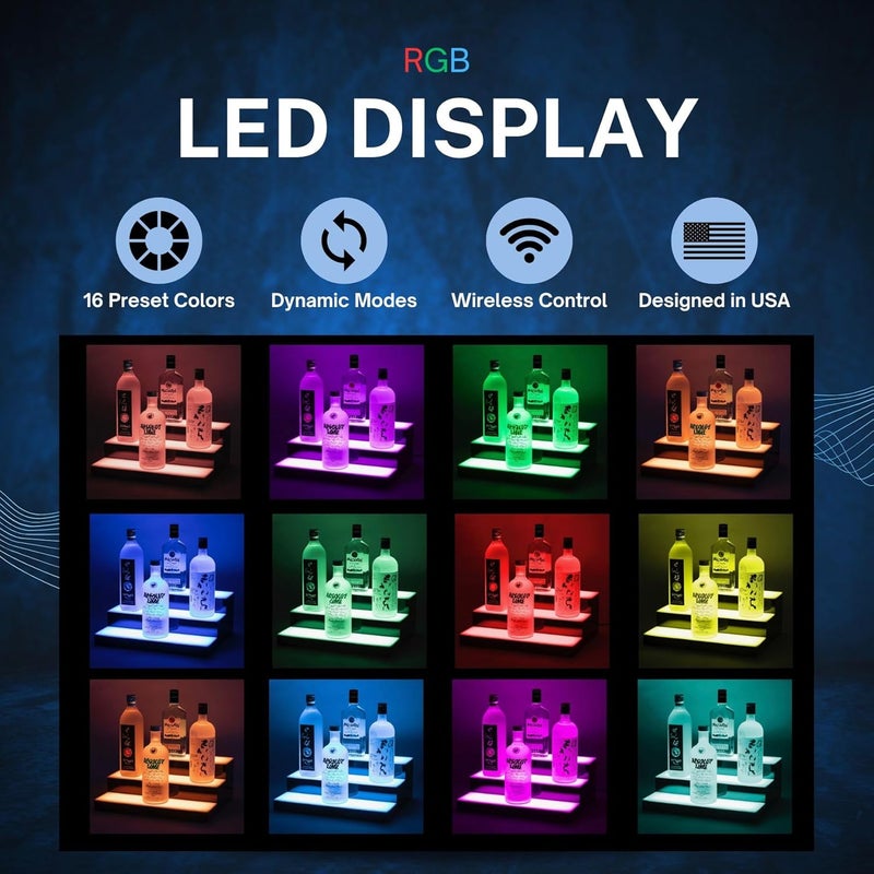 Boss Premium رف عرض زجاجات الكحول المضيء LED من بارUSA™ - وحدات رفوف الويسكي للبار المنزلي وديكور غرفة المعيشة - مصمم في الولايات المتحدة (3 خطوات، 16 بوصة) - Image 3